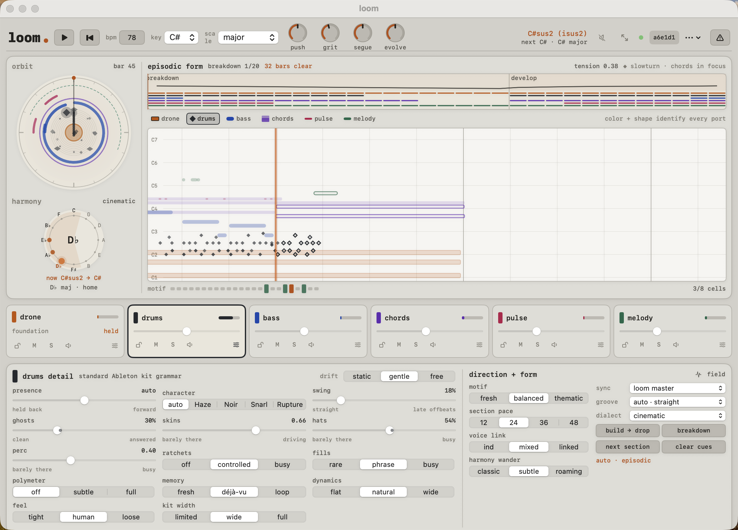 The loom instrument: an orbit mandala with a circle-of-fifths harmony wheel beneath it, a moving 32-bar form strip, a piano roll, six voice strips and the selected-voice inspector.