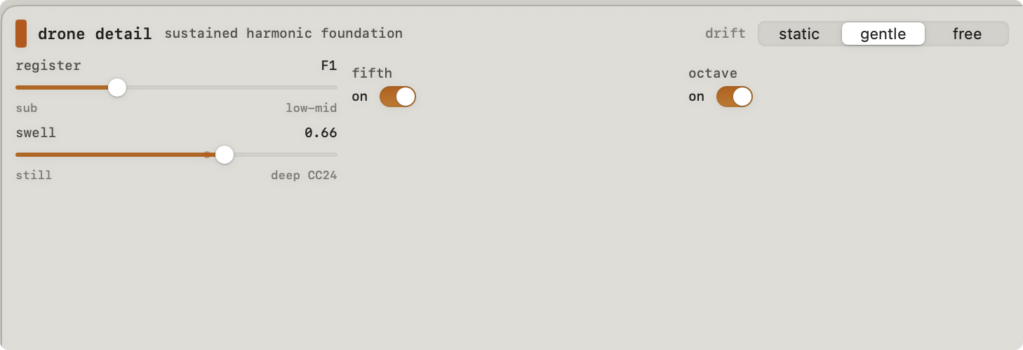 drone inspector: register, swell, fifth and octave toggles